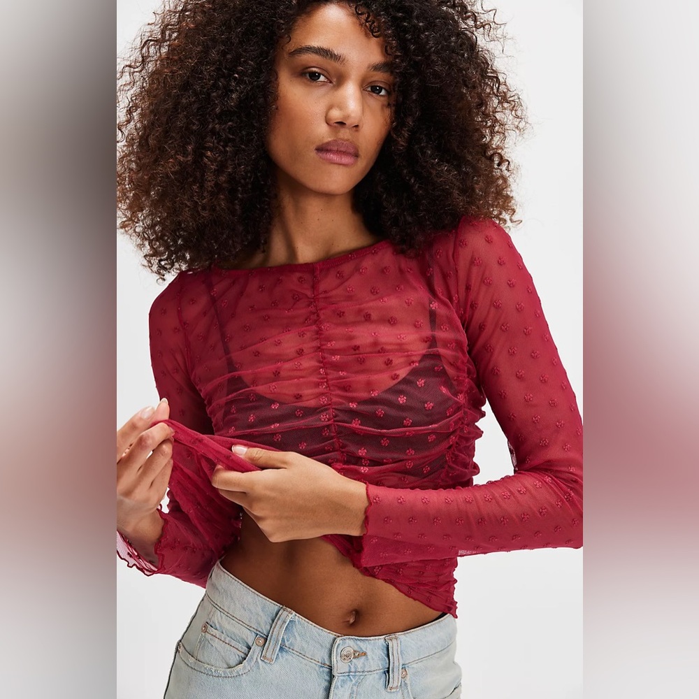 NWT Free People Most Likely Layering Top Lace Glass Roses Red Size XS - Picture 3 of 8
